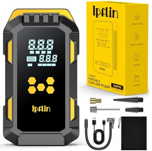 Ipflin Jump Starter Power Pack - Tyre Inflator Air Compressor 150 PSI,12V Portable Car Battery Booster Jump Starter for 9L Gas/8L Diesel, Car Starter Power Pack with Jump Leads, 3 Light, LCD Display