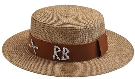 CKQshenKouyicKQ Sombreros de Paja for Mujer, Sombreros de Paja de Metal a la Moda for Vacaciones, Sombreros de Paja Planos for Playa y Verano(Light Brown)