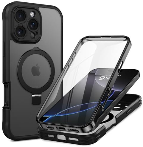 VENINGO Magnetic for iPhone 16 Pro Max Stand Case with Ring Holder,Built-in Screen Protector,Compatible with MagSafe,Front and Back Full Body 360 Shockproof Matte Translucent Case,Black