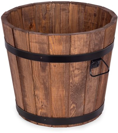 Drewdon Großer Holz Blumentopf Runder Garten Pflanzkübel mit Metallringen Dekoratives Holzfass als Pflanztopf Wetterfeste Blumenkübel für draußen Balkon Terrasse & Garten (braun, Ø42 x H38)
