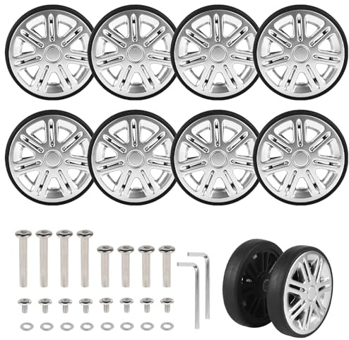 EXLECO 8pcs Koffer Ersatzrollen 60mm x 12mm, mit Ersatzteile Reparatur Set | Kofferrollen Ersatzrollen mit Doppelrollen, Koffer Rollen Ersatz Gepäck Räder, Gummi Ersatzräder, Gepäckkoffer Roller, Silber
