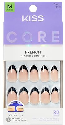 KISS CORE Press On Nails, Nail Glue Included, ‘Full of Fun’, Black, Medium Size, Almond Shape, Includes 32 Nails, 2g Glue, 1 Manicure Stick, 1 Mini File
