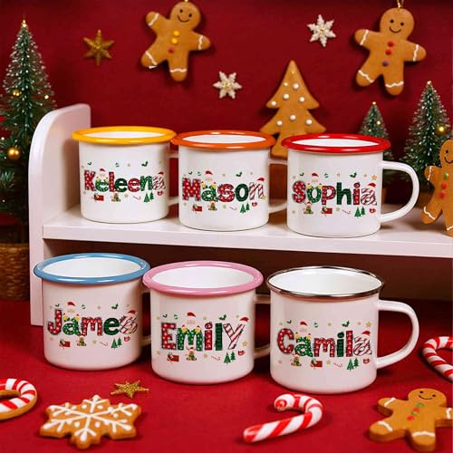 Personalised Christmas Mug, Custom Name Santa Claus Elk 12 oz Enamel Mug Winter Xmas Coffee Mugs,Christmas Eve Box Fillers,Cute Tree decorations,Hot Chocolate Cups Gifts for Kids Adults Family Friends