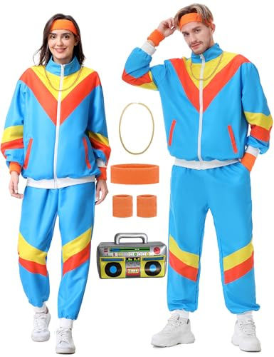 Coseaon 80er 90er Jahre Outfit Herren Damen 80er Trainingsanzug Jacke Hose Anzug, 90er Jahre Jogginganzug Herren, Retro 80er Jahre Kostüm für Erwachsene, 80s Tracksuit Men Women für Fasching Karneval