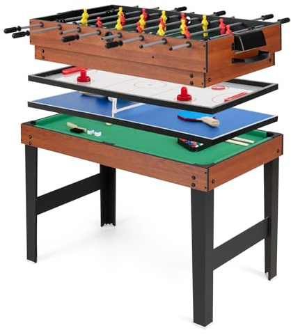 HOMASIS 4 in 1 Spieltisch inkl. Zubehör, Multigame-Tisch mit Tischkicker Airhockey Billardtisch Tischtennis, Kickertisch Tischhockey Multifunktionstisch für Kinder & Erwachsene