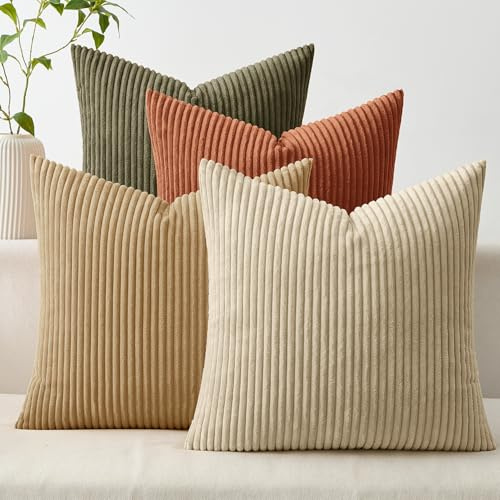Woaboy 4er Set Kissenbezug 40x40 Kordsamt Weiche Sofakissen Braun Grün | Kissenbezüge Weiche Gestreiftes Sofakissen Dekokissen Zierkissenbezug für Wohnzimmer Bett Couch