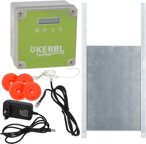 Cajou Automatische elektrische Hühnerklappe inkl. Alu-Hühnertür, Lichtsensor und Zeitsteuerung, Netzbetrieb oder Batterie, Schieber 22 x 33 cm, für Huhn, Grün/Silber