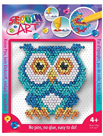 MAMMUT 8331831 - Sequin Art Paillettenbild Eule, EASY - NO PINS, Steckbild, Komplettset mit Kunststoffplatte, Bildvorlage, Pailletten, Picker, Aufsteller, Anleitung, ab 4 Jahre