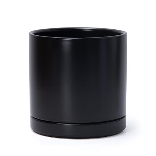 D'vine Dev, 94-O-D-2 - Vaso in ceramica per piante con foro di drenaggio e sottovaso, vaso cilindrico per interni, 20,3 cm, nero
