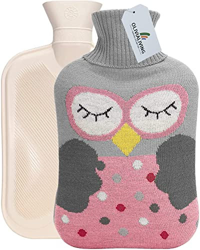 OliviaLiving Wärmflasche, 2 Liter, Wärmflasche, zum Aufheizen und Aufkühlen, mit Strickbezug zur Schmerzlinderung, Wärme-Kältetherapie, Cartoon-Eule (Rosa)
