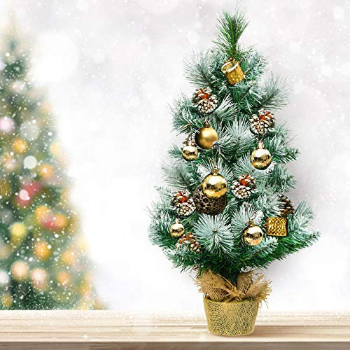 TANGZON 2/3/4FT Mini Christmas Tree,Tabletop Artificial Xmas Tree with Base, Xmas Home Party Decoration for Indoor（2FT/60cm,White+Green with Ornaments)