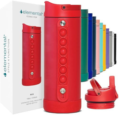 Elemental Iconic Pop Kids Water Bottles with Pop Strap - Triple Wall Leakproof Insulated Stainless Steel Water Bottle - Dishwasher Safe and BPA Free Water Bottle with Straw - Red - 414 ml