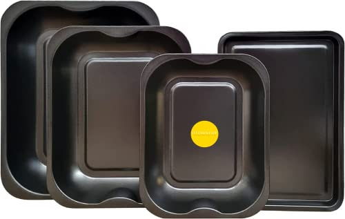 4-Pack Black Roasting and Baking Tray Set - Large Roaster (38cm), Medium Roaster (33cm), Small Roaster (28cm) & Small Tray (32cm) - Baking Tray Set Tray/Pan, Non-Stick, Multi-Pack - Dishwasher Safe