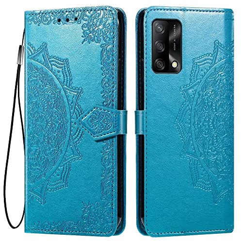 HONLEN Hülle für Oppo A74 (4G) Handyhülle, (6.43 Inches) Premium PU Leder Wallet Magnetverschluss Flip Case mit 3 Kartenfach,Mandala Muster Case Blau