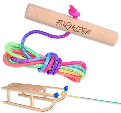 FORMIZON Schlittenseil Zugseil, 1,80 mtr 180 cm Schlittenseil mit Holzgriff, Schlittenseil Seil, Regenbogen Farbe Schlittenleine, Schlitten Zugseil für Schlitten und Rodel im Winter