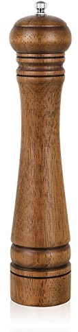 1Pack Wood Pepper Grinder, XWXO 10 Inch Salt Mill Pepper Shaker, Pepper Mill with Adjustable Ceramic Rotor - Oak Wood Pepper Grinder for Your Kitchen