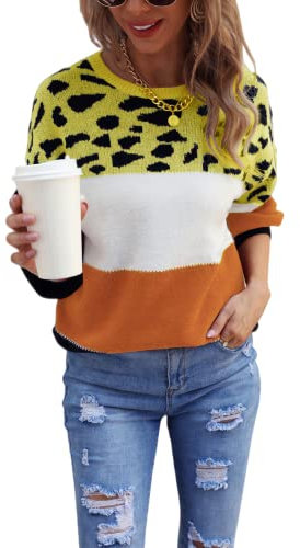 HEYPORK Damen Herbst Winter Warm Bequem Pullover Casual Mode Strickjacke Strickpullover Frauen Winter Patchwork Leopard Druck Rundhals Pullover Pullover Stricken(Orange, M)
