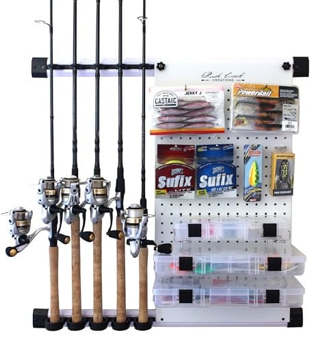 Rush Creek Creations - Fishing Rod Holder for Garage,Fishing Pole Rack Wall Mount & Tackle Storage, No Limit Vertical Fishing Rod Rack Holder, Modular Wall Unit, Holds up to 5 Fishing Pole Rods Rack