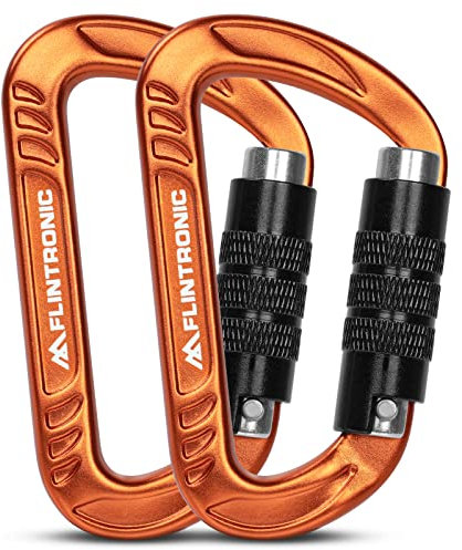 Flintronic Locking Carabiner, 12KN Heavy Duty Locking Carabiner Clips, Aluminum Alloy Clip, 2PCS Carabiner D Ring Clip Hook for Hammock Swing Camping Fishing Hiking (Orange)