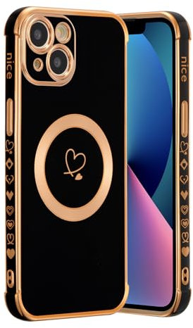 ZTOFERA Magnetic Case for iPhone 13 Compatible with MagSafe, Flexible Soft Silicone Protective Phone Case with Cute Love Heart Pattern Golden Rim Shockproof Bumper Cover, Black