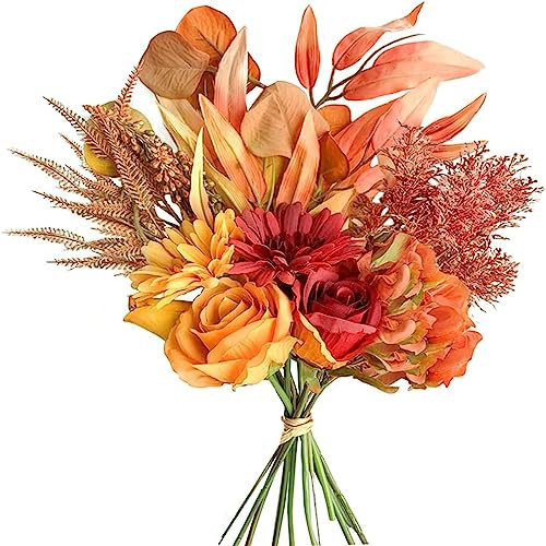 Weldomcor Ramos de Flores Artificiales, Rosas Falsas Combinadas, Arreglos Florales, Decoración Elegante para Boda Casa Cocina Jardín Fiesta Mesa Centro Otoño (Naranja)