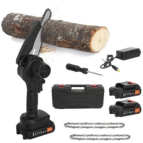 Napacoh Mini Chainsaw Cordless, 24V Electric Chain Saw for Home Use, 6 Inch Small Portable Cordless Wood Saw with 2 Batteries and 2 Chains, Great for Trimming Bushes/Branches