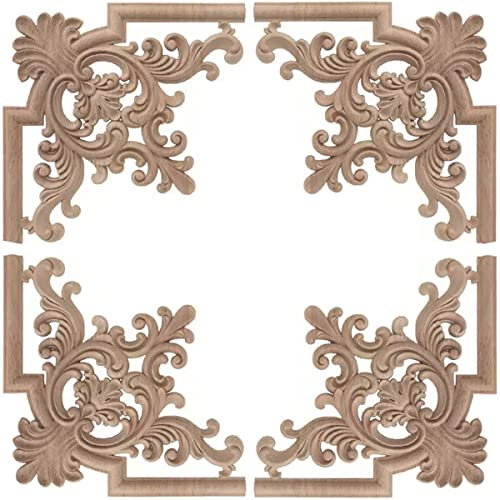 YOKIOU 4 apliques de madera tallada de estilo vintage, flor tallada, esquina, muebles sin barnizar, adornos de madera para muebles, puertas, armarios, paredes (15 cm)