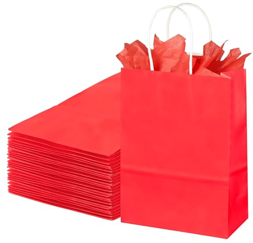 BLEWINDZ Kleine Papier-Geschenktüten mit Seidenpapier, rote Partytüten mit Griffen, 22,1 cm, für Geburtstag, Shopping, Partyzubehör, 32 Stück