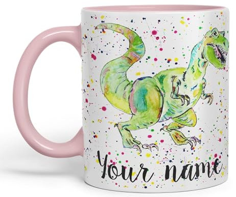 Vixar Personalised with Your Text Dinosaur Tyrannosaurus T-Rex Art Coloured Ceramic Mug Cup Gift 330ml 11oz Custom Work Office Tea Coffee (Pink)