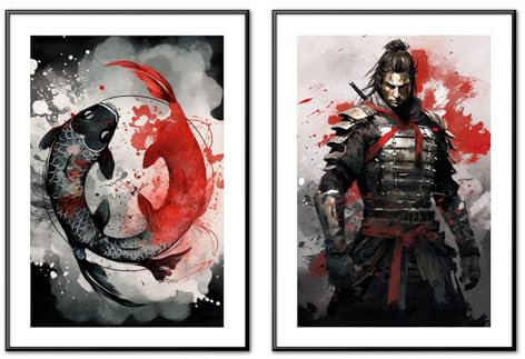 MJ-Graphics | Poster Set Japan Samurai Yin & Yang Wohnzimmer & Schlafzimmer | 2x Din A3 300g Qualitätsdruck | Meditation Zen | Schwarz-Rot Wanddeko ohne Rahmen