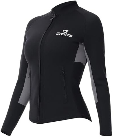 Owntop Traje de Neopreno Superior Mujeres - Neopreno de 2mm Manga Larga para Calor Y Confort | Cremallera Frontal Duradera | Solapa Trasera Extendida | 2 Bolsillos con Cremallera | Mujer Gris XL