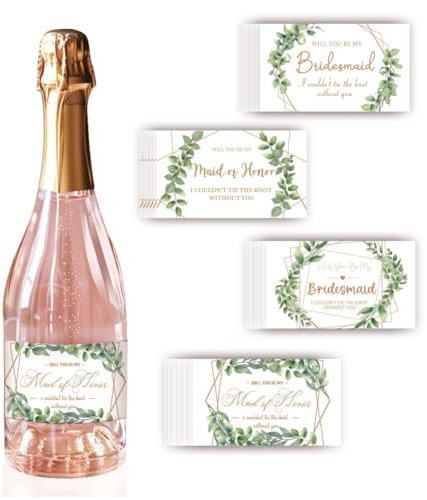 PH PandaHall 40PCS Étiquette de bouteille de Champagne de mariage, 4 styles Autocollant de demoiselle d’honneur Étiquettes autocollantes avec texte de feuilles d'aquarelle pour mariage, fête