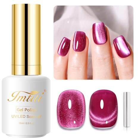 Imtiti Cat Eye Gel Nail Polish, 15ml Rose Red Holographic Crystal Diamond Cat Eyes Glitter UV Soak Off Gel Nail Polish with Magnetic Stick for Nail Art 1Pcs