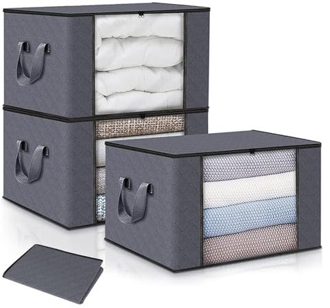 Geebymol 3 Pack 90L Clothes Storage Bags Large Storage Box with Lid Packing Boxes for Moving House with Reinforced Handle Thick Fabric Clear Window for Clothes Duvet Blankets Bedding, Grey