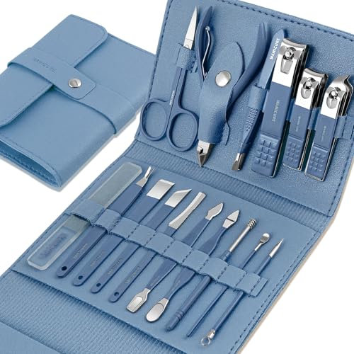 Kit Manucre Pedicure - Coupe Ongle Professionnel Coupe Cuticule Acier Inoxydable - Trousse Manucure Pedicure Set de 16pcs avec Exquis La Boîte (Bleu)