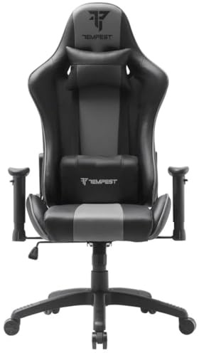 Tempest Vanquish Silla Gaming, Polipiel, Reclinable 180°, Reposabrazos 2D, Cojines Lumbar y Cervical, Base Nylon 350 mm, hasta 150 kg (Gris)