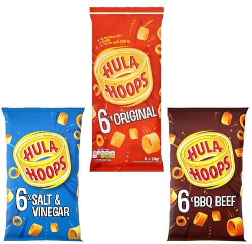 Hula Hoops Snack Crisp Bundles, Salt & Vinegar 6 x 24g, Original 6 x 24g, BBQ Beef 6 x 24g, Cooked in Sunflower Oil, No MSG, No Artificial Flavours or Colours, Suitable for Vegetarians