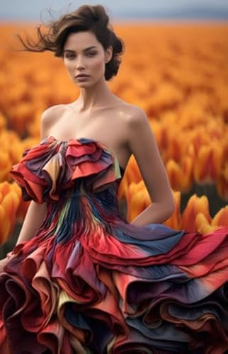 Acryl-Bild 60 x 90 cm: Mode-Außenfoto einer schönen sinnlichen Frau mit dunklem Haar in elegantem Kleid, die in einem blühenden Tulpenfeld posiert (213332238)