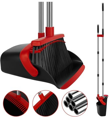 UDUK Broom and Dustpan Set, Large Household Broom with Dustpan Combo Set, 55 Inch Long Handle, Red Dust Pan Combo Set for Home