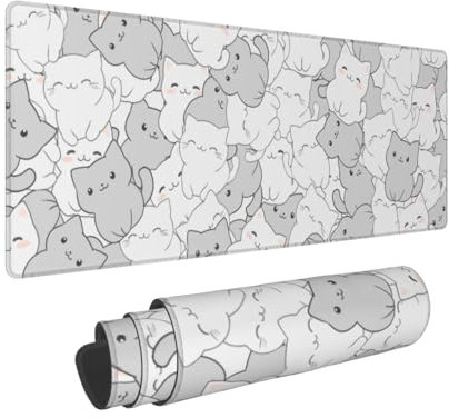 Tapis de souris de jeu avec motif chats kawaii blancs, taille XL, 80 x 30 cm, tapis de souris avec motif chat mignon pour bureau, base en caoutchouc antidérapant, bords cousus pour bureau, maison,