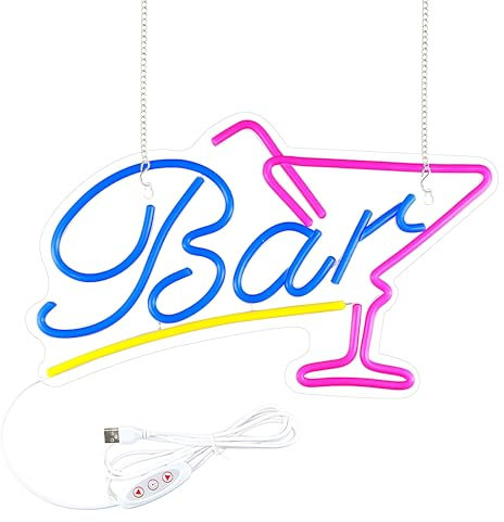 Focenat Insegna Neon Bar LED, Panel Acrílico 38x23cm con Cadena y Gancho Adhesivo, USB Luci Con Ajuste de Brillo, Decoración de pared Bar Pub Club Restaurante Hogar