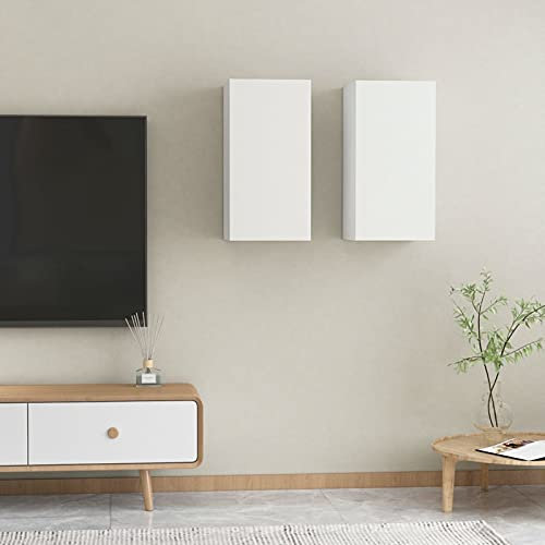 Gecheer Meubles TV 2 pièce Blanc 30,5x30x60 cm Bois d’ingénierie, Armoire TV Mural avec Étagères et Porte, Meuble TV Suspendu Flottant de Télévision pour Salon, Chambre