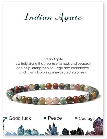 Uwiyo Echtes Naturstein Armband, 4mm Edelstein Armband Perlenarmband Yoga Armbänder Kugelarmband für Damen Mädchen Geschenk für Geburtstag Muttertag Weihnachten (Indischer Achat)