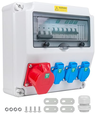 WSPIHO Baustromverteiler mit Fi Schalter Typ A, 40A 30mA RCBO Wandverteiler mit CEE Steckdose 16A Aufputz, Stromverteiler Wasserdicht für Verteilerkasten (3×16A 1P LS+1×16A 3P LS+1×30mA RCBO)