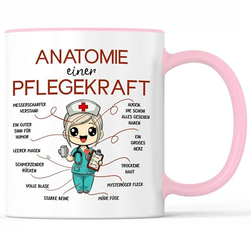 Tasse mit Spruch Anatomie einer Pflegekraft Becher Krankenschwester Krankenpfleger Altenpflegerin - lustiges Geschenk - Kaffeebecher als Geschenkidee - Kaffeetasse 330ml - Weiss-Rosa