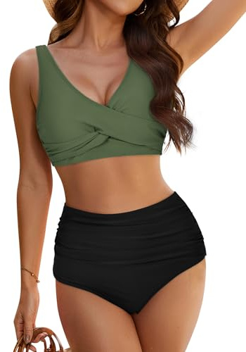 Evolyline Bikini sexy con push up da donna con coppe, due pezzi, top grande seno, costume da bagno a vita alta, set bikini a triangolo, costume da bagno estivo, scollo a V, 2 pezzi, S-XL, verde-nero