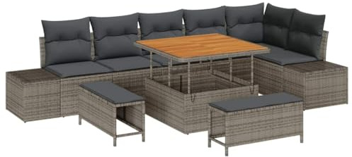 vidaXL 9-teiliges Garten-Sofaset mit Kissen in Grau aus Poly Rattan – Modulares Sofa für Balkon, Terrasse oder Garten