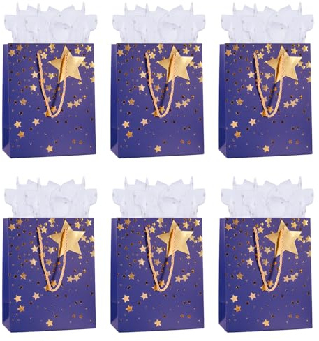 6Pack Medium Gift Bags for Present,Blue Paper Bag with Handles Tissue Paper Gift Tags for Men Women Birthday Wedding Party Christmas Father's Day and Any Occation (Blue)