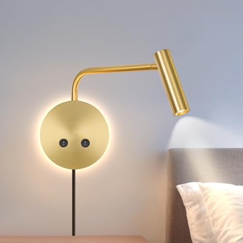 NICOLONOR Gold Wall Mounted Reading Light, 3000K Flexible Headboard Reading Sconces with On Off Switch Control, Plug in/Hardwired Wall Light Fixtures with Night Light for Bedside Bedroom Bunk