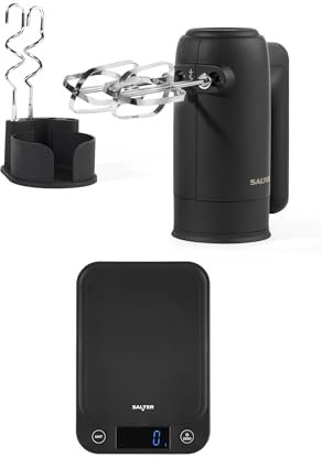 Salter Hand Mixer & Kitchen Scale Set – Electric 300W Baking Whisk, Dough Hook & Beater Attachments, 5 Speed Settings, Digital Weighing, 5kg Capacity, Measures Liquids, Black